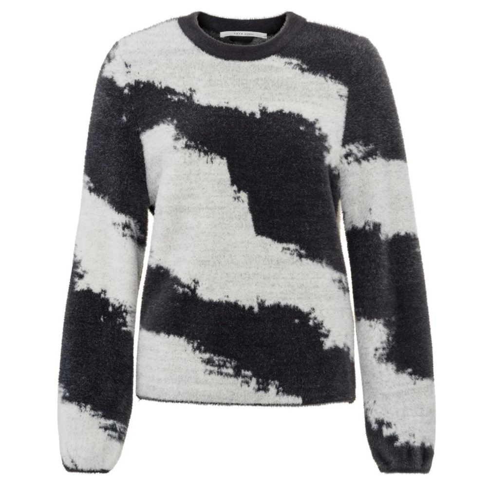 YAYA WOMEN Ultra Soft Fuzzy Pullover Sweater Black White Abstract Size Large
